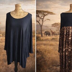 High low Black Scoop Neck Tunic with Leopard Print blouse